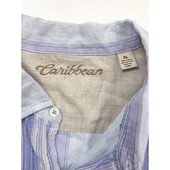 Caribbean Blue White Striped Button Up L/Sleeve Resort Linen Shirt Men's Size XL - Picture 3 of 4